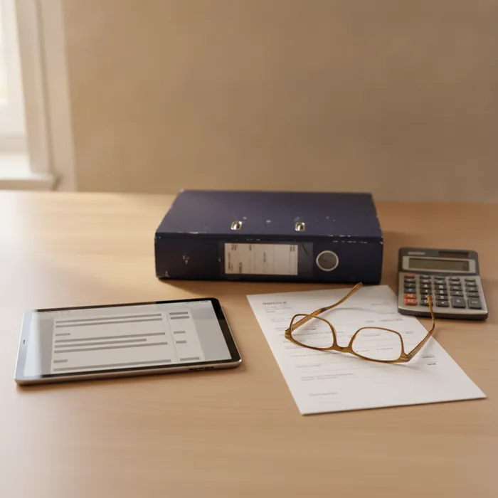 Tablet mit Rechnungsansicht auf einem Bürotisch im Handwerksbetrieb, daneben ausgedruckte Rechnung, Ordner und Taschenrechner