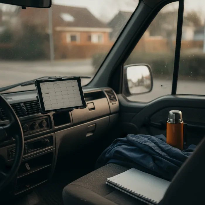 Tablet mit Wochenkalender an der Halterung im Handwerker-Transporter, daneben Arbeitsjacke, Thermoskanne und Notizblock