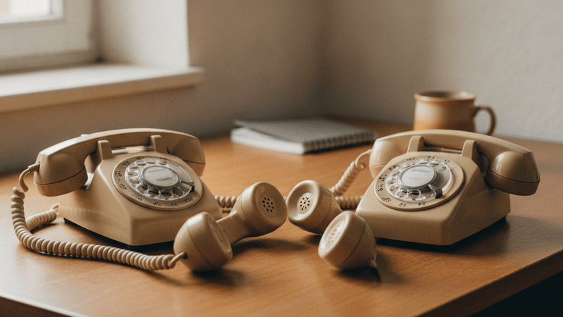 Zwei beigefarbene Tischtelefone auf einem Holzschreibtisch, die Hörer liegen abgenommen zwischen ihnen, als würden die Telefone miteinander sprechen