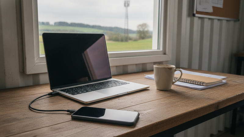 Smartphone per USB-Kabel an einem Laptop auf einem Holztisch, im Fenster eine Landschaft mit Mobilfunkmast