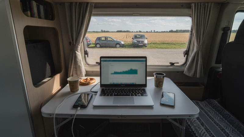 Laptop auf einem Klapptisch im Wohnmobil, daneben zwei Smartphones, eines per USB-Kabel verbunden