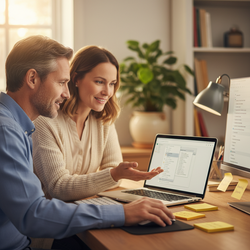 IT-Beraterin zeigt einem B&uuml;ro-Mitarbeiter am Laptop die Windows-Zwischenablage und Text-Bausteine